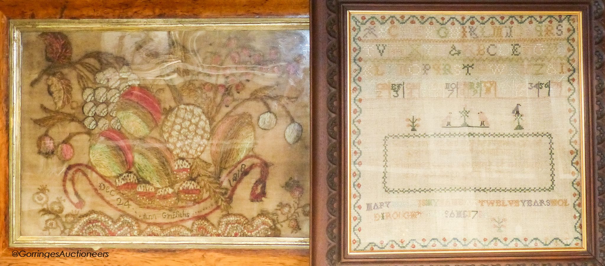 A George IV woolwork embroidered panel, by Ann Griffiths, dated 1818 and a George III needlework sampler dated 1786, 30cm sq.